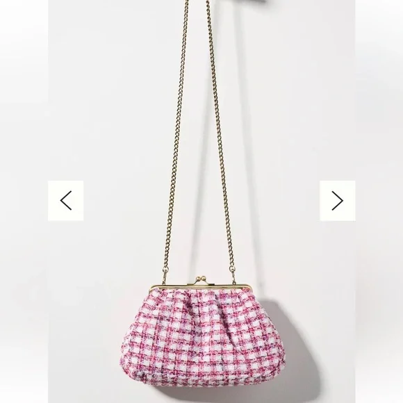 Anthropologie Audrey Plaid Clutch & Crossbody Purse Pink White Tweed Gold Chain - Picture 2 of 5